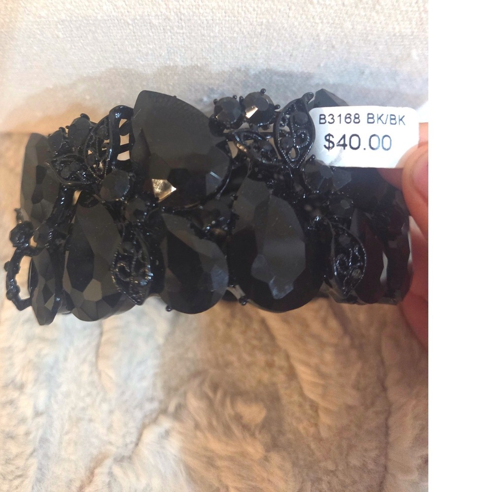 Jet Black Faceted Stone Statement Stretch Cuff Bracelet Filigree Accents B3168